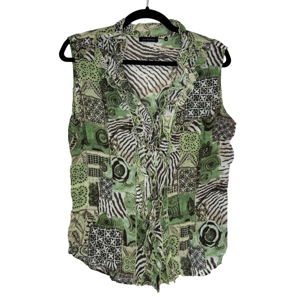 Y2K Le Caviar Womens XL Green Mixed Abstract Zebra Print Ruffle V-Neck Top